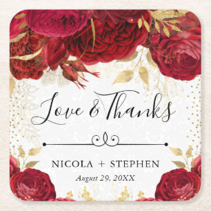 Watercolor Red and Gold Flowers Wedding Square Paper Coaster