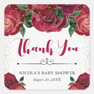 Watercolor Red and Gold Glam Roses Baby Shower Square Sticker