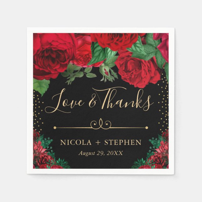 Watercolor Red and Gold Glam Roses Wedding Napkin (Front)