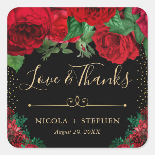 Watercolor Red and Gold Glam Roses Wedding Square Sticker