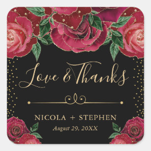 Watercolor Red and Gold Glam Roses Wedding Square Sticker