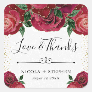 Watercolor Red and Gold Glam Roses Wedding Square Sticker