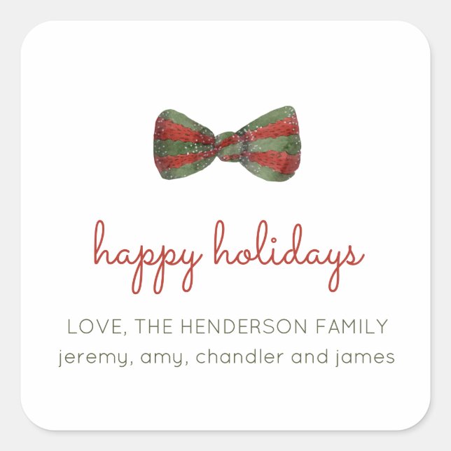 Watercolor Red and Green Bow Holiday Gift Label (Front)