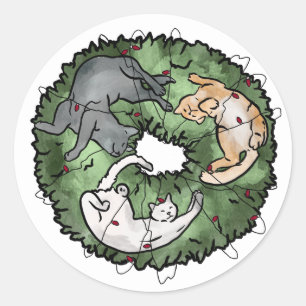 Watercolor red and green Cat Christmas Classic Round Sticker