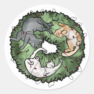 Watercolor red and green Cat Christmas Classic Round Sticker