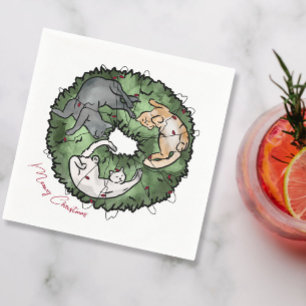 Watercolor red and green Cat Christmas Napkin