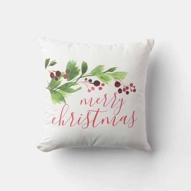 Watercolor Red and Green Holly Berry Christmas Cushion (Front)