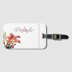 Watercolor Red and Green Lily Name Monogramed Luggage Tag