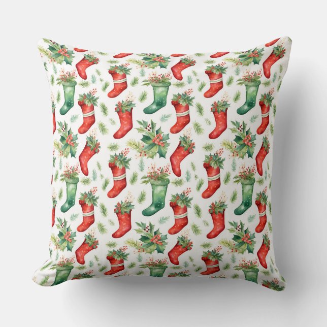 Watercolor Red and Green Stockings Cushion (Front)