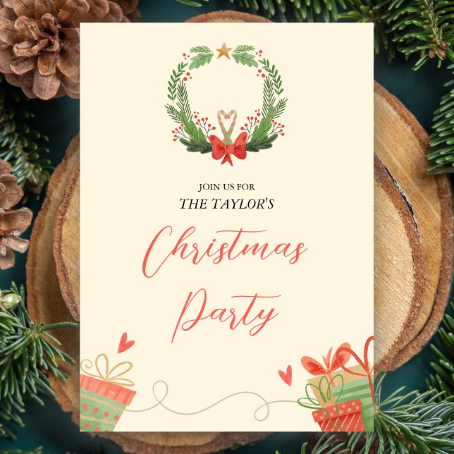 Watercolor Red and Green Wreath Christmas Party Invitation (Creator Uploaded)