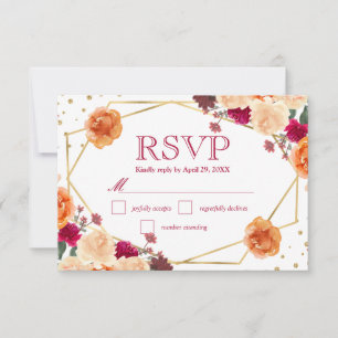 Watercolor Red and Orange Fall Flowers Wedding RSVP Card