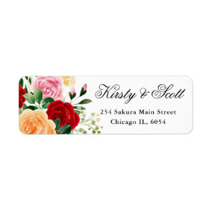 Watercolor Red and Orange Roses Flowers address Return Address Label