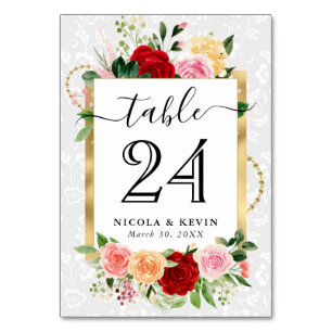 Watercolor Red and Orange Roses Flowers Wedding Table Number