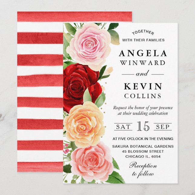 Watercolor Red and Orange Roses Wedding Invitation (Front/Back)
