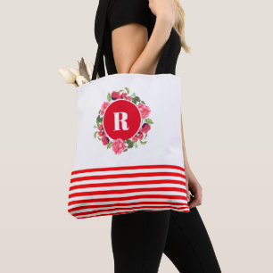 Watercolor Red and Pink Circle Floral Wreath Tote Bag