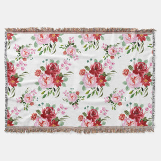 Watercolor Red and Pink Floral Seamless Pattern Throw Blanket