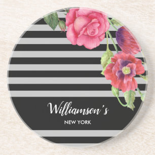 Watercolor Red and Pink Flowers Black Grey Stripes Coaster