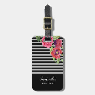Watercolor Red and Pink Flowers Black Grey Stripes Luggage Tag