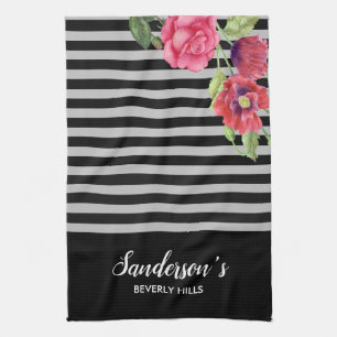 Watercolor Red and Pink Flowers Black Grey Stripes Tea Towel