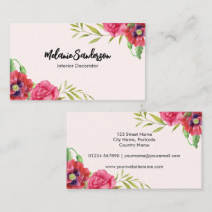 Watercolor Red and Pink Flowers on Light Pink Business Card