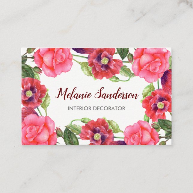 Watercolor Red and Pink Flowers Wreath Arrangement Business Card (Front)