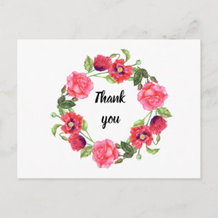 Watercolor Red and Pink Flowers Wreath Circle Postcard