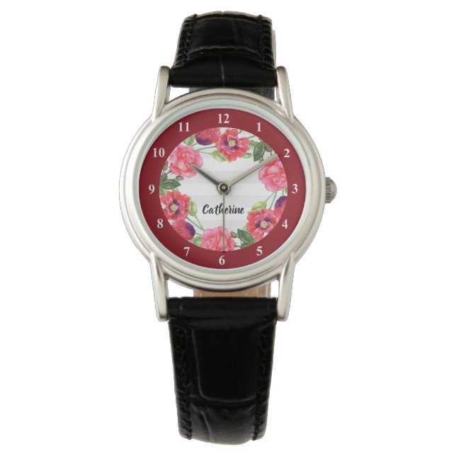 Watercolor Red and Pink Flowers Wreath Circle Watch (Front)