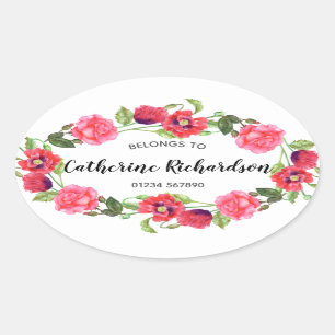Watercolor Red and Pink Flowers Wreath Oval Design Sticker