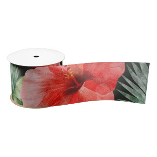 Watercolor Red and Pink Hibiscus Tropical Leaves   Satin Ribbon