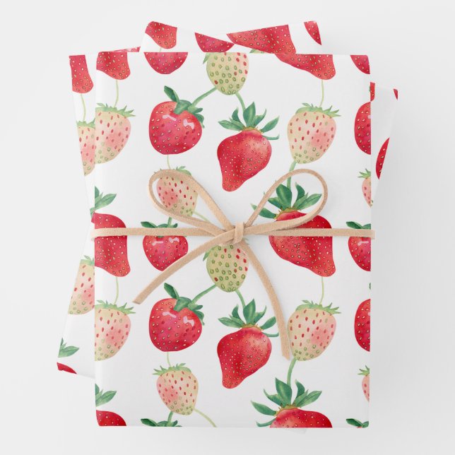 Watercolor Red and Pink Strawberries  Wrapping Paper Sheet (In situ)
