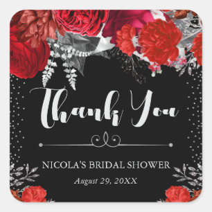 Watercolor Red and Silver Flowers Bridal Shower Square Sticker