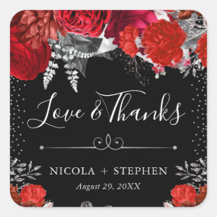 Watercolor Red and Silver Flowers Wedding Square Sticker