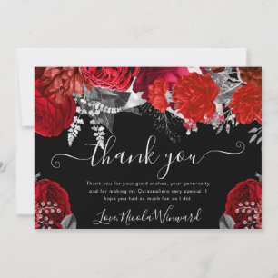 Watercolor Red and Silver Roses Quinceanera Thank You Card