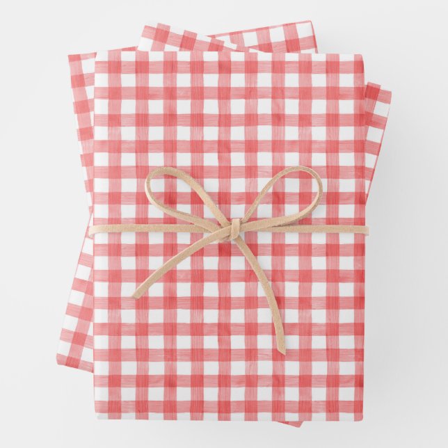 Watercolor Red and White Gingham Wrapping Paper Sheet (In situ)