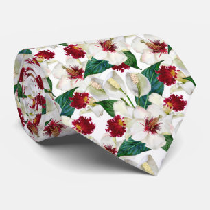 Watercolor Red And White Summer tropical Blooms Tie