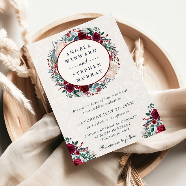 Watercolor Red and White Winter Wreath Wedding Invitation (Creator Uploaded)
