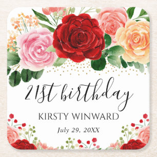 Watercolor Red and Yellow Roses Birthday Square Paper Coaster