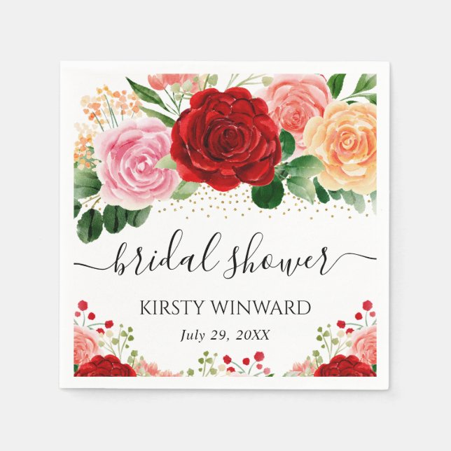 Watercolor Red and Yellow Roses Bridal Shower Napkin (Front)
