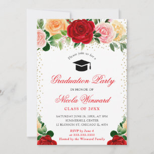 Watercolor Red and Yellow Roses Graduation Invitation