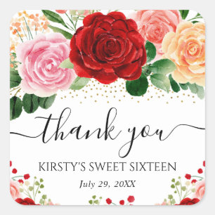 Watercolor Red and Yellow Roses Sweet Sixteen Square Sticker