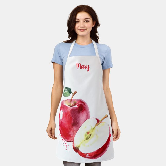 Watercolor Red Apple Customisable Apron (Worn)
