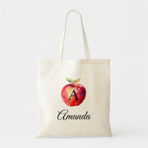 Watercolor Red Apple Name Monogramed Tote Bag