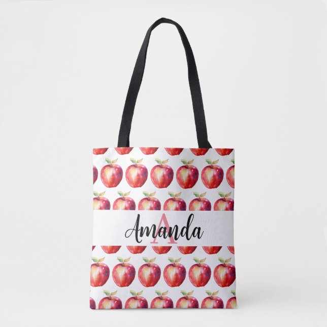 Watercolor Red Apple Pattern Name Monogramed Tote Bag (Front)