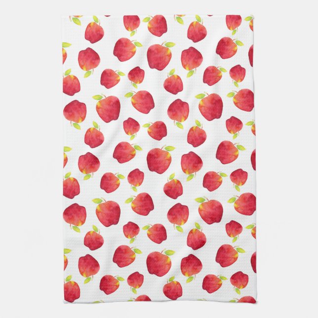 Watercolor Red Apple Pattern Tea Towel (Vertical)
