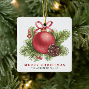 Watercolor Red Ball Bauble Merry Christmas Ceramic Ornament