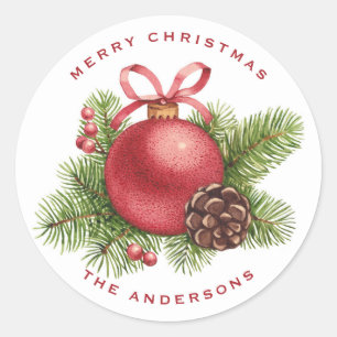 Watercolor Red Ball Ornament Merry Christmas Classic Round Sticker