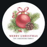 Watercolor Red Ball Ornament Merry Christmas Classic Round Sticker<br><div class="desc">Add a festive accent to your envelopes and gifts with these customisable Christmas stickers. It features watercolour red ornament,  pine cone,  pine needles and winterberries. Personalise by adding your details. These red Christmas ball ornament stickers are available in other products.</div>