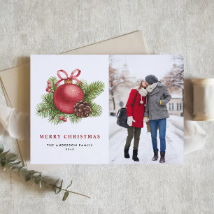 Watercolor Red Ball Ornament Photo Christmas Holiday Card