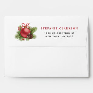 Watercolor Red Ball Ornament White Christmas Envelope