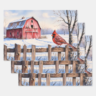 Watercolor Red Barn and Cardinal Winter Decoupage Wrapping Paper Sheet